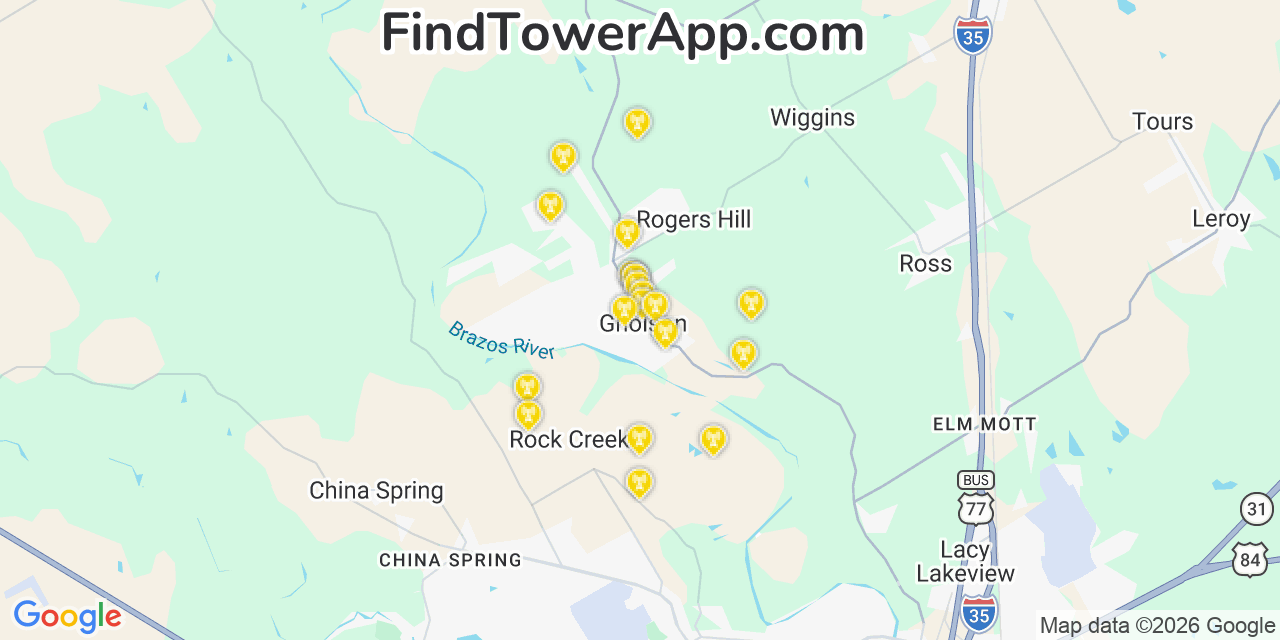 Map showing the 20 primary cell tower locations detected in Gholson, Texas from AT&T, Verizon, and T-Mobile networks