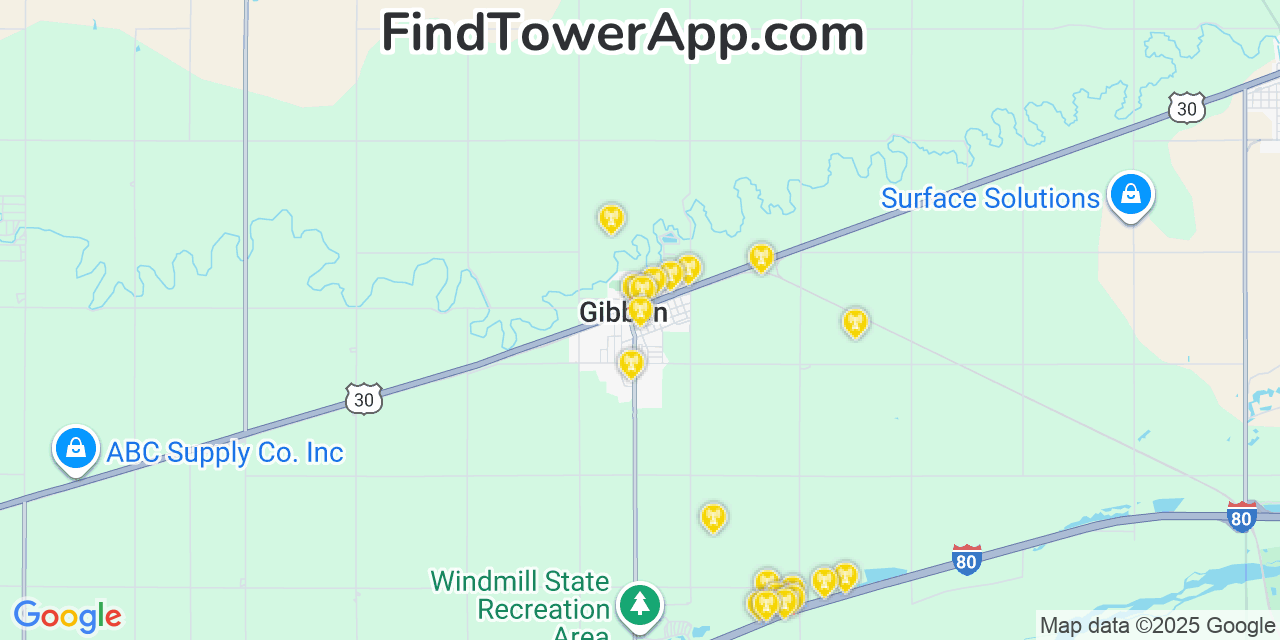 Map showing the 20 primary cell tower locations detected in Gibbon, Nebraska from AT&T, Verizon, and T-Mobile networks
