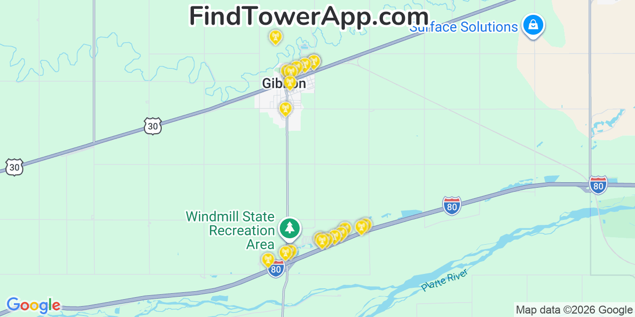 Map showing the 20 primary cell tower locations detected in Gibbon, Nebraska from AT&T, Verizon, and T-Mobile networks