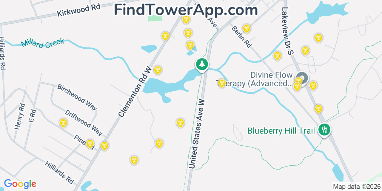Map showing the 20 primary cell tower locations detected in Gibbsboro, New Jersey from AT&T, Verizon, and T-Mobile networks