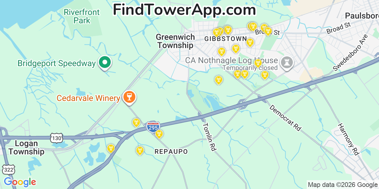 Map showing the 20 primary cell tower locations detected in Gibbstown, New Jersey from AT&T, Verizon, and T-Mobile networks