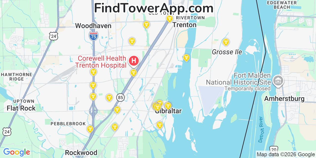 Map showing the 20 primary cell tower locations detected in Gibraltar, Michigan from AT&T, Verizon, and T-Mobile networks