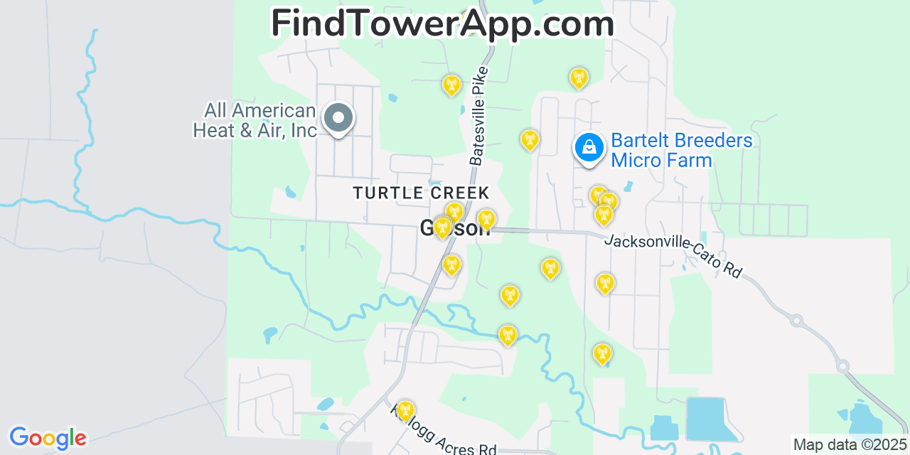 Map showing the 20 primary cell tower locations detected in Gibson, Arkansas from AT&T, Verizon, and T-Mobile networks