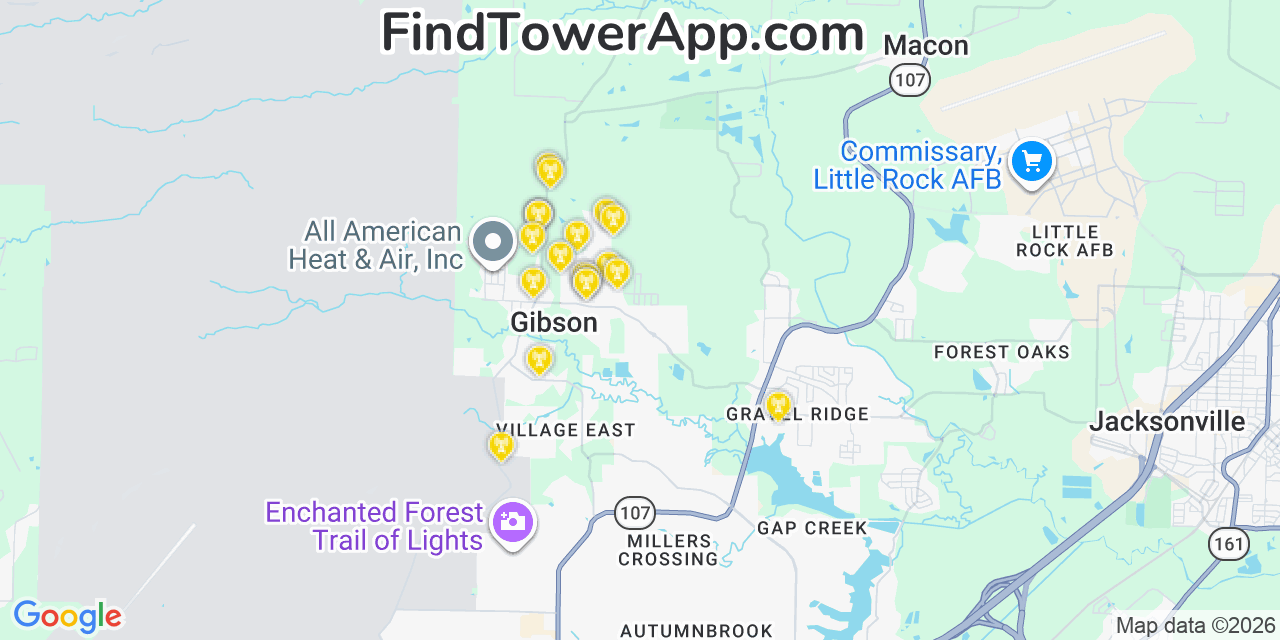 Map showing the 20 primary cell tower locations detected in Gibson, Arkansas from AT&T, Verizon, and T-Mobile networks