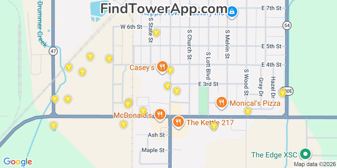 Map showing the 20 primary cell tower locations detected in Gibson City, Illinois from AT&T, Verizon, and T-Mobile networks
