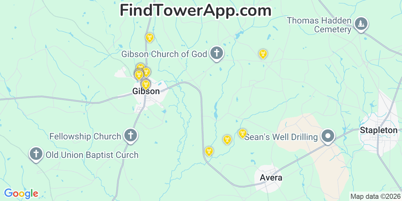 Map showing the 20 primary cell tower locations detected in Gibson, Georgia from AT&T, Verizon, and T-Mobile networks
