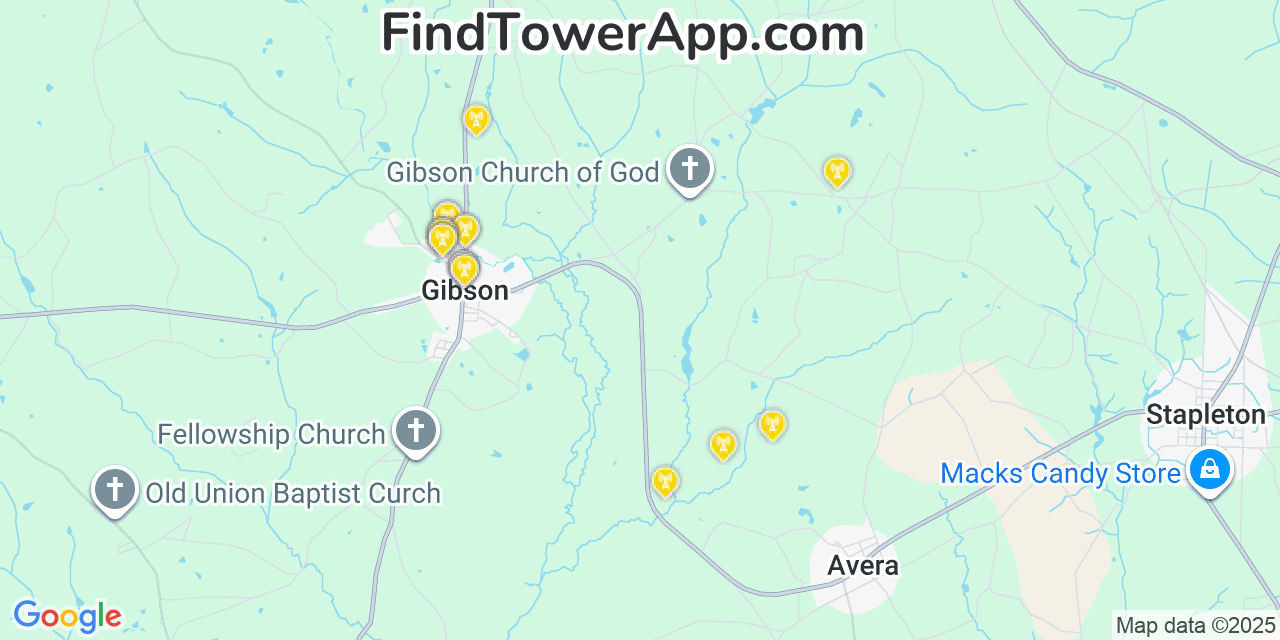 Map showing the 20 primary Mobitel cell tower locations detected in Gibson, Georgia with coverage radius and signal strength indicators