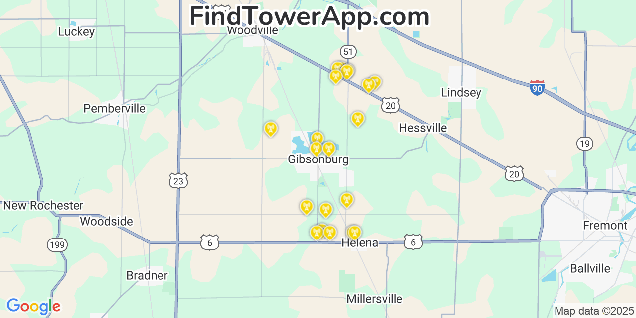 Map showing the 20 primary cell tower locations detected in Gibsonburg, Ohio from AT&T, Verizon, and T-Mobile networks