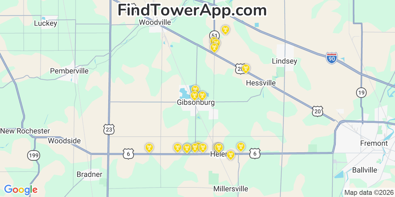 Map showing the 20 primary cell tower locations detected in Gibsonburg, Ohio from AT&T, Verizon, and T-Mobile networks