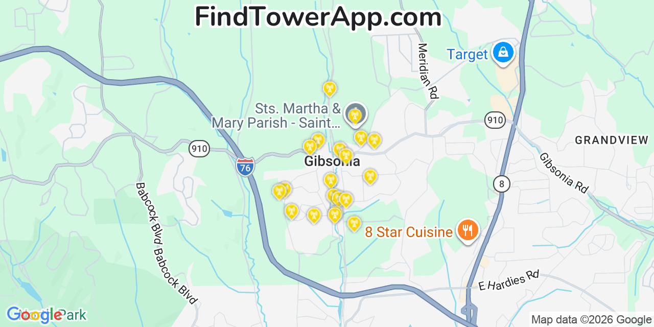 Map showing the 20 primary cell tower locations detected in Gibsonia, Pennsylvania from AT&T, Verizon, and T-Mobile networks