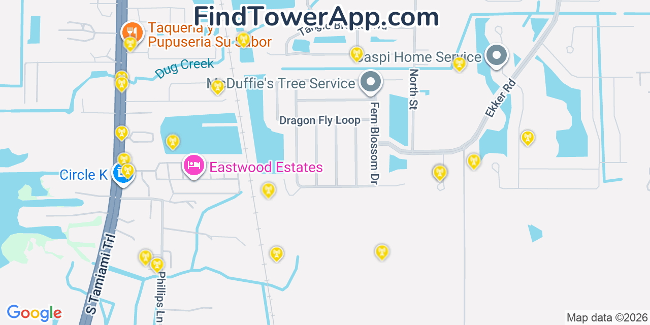 Map showing the 20 primary cell tower locations detected in Gibsonton, Florida from AT&T, Verizon, and T-Mobile networks