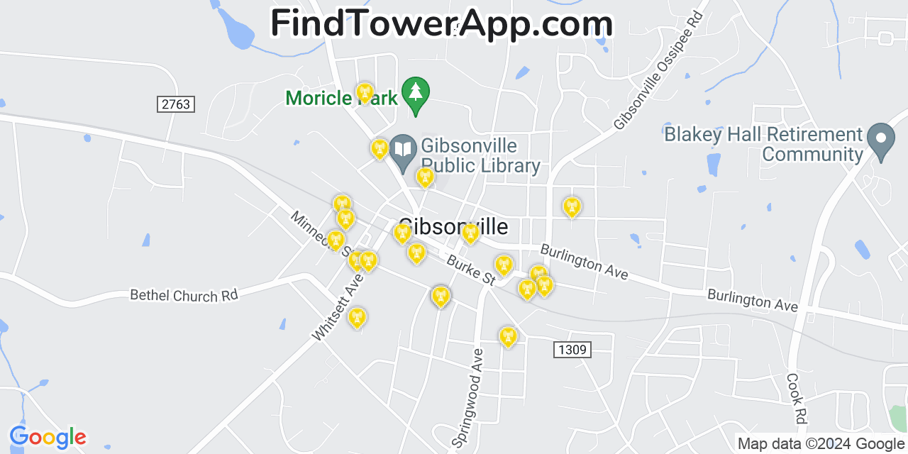 AT&T 4G/5G cell tower coverage map Gibsonville, North Carolina