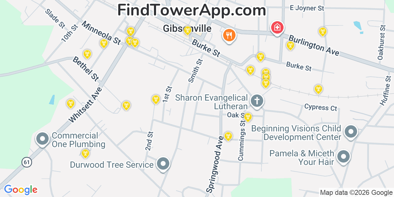 Map showing the 20 primary cell tower locations detected in Gibsonville, North Carolina from AT&T, Verizon, and T-Mobile networks