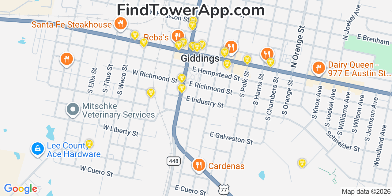 Map showing the 20 primary cell tower locations detected in Giddings, Texas from AT&T, Verizon, and T-Mobile networks