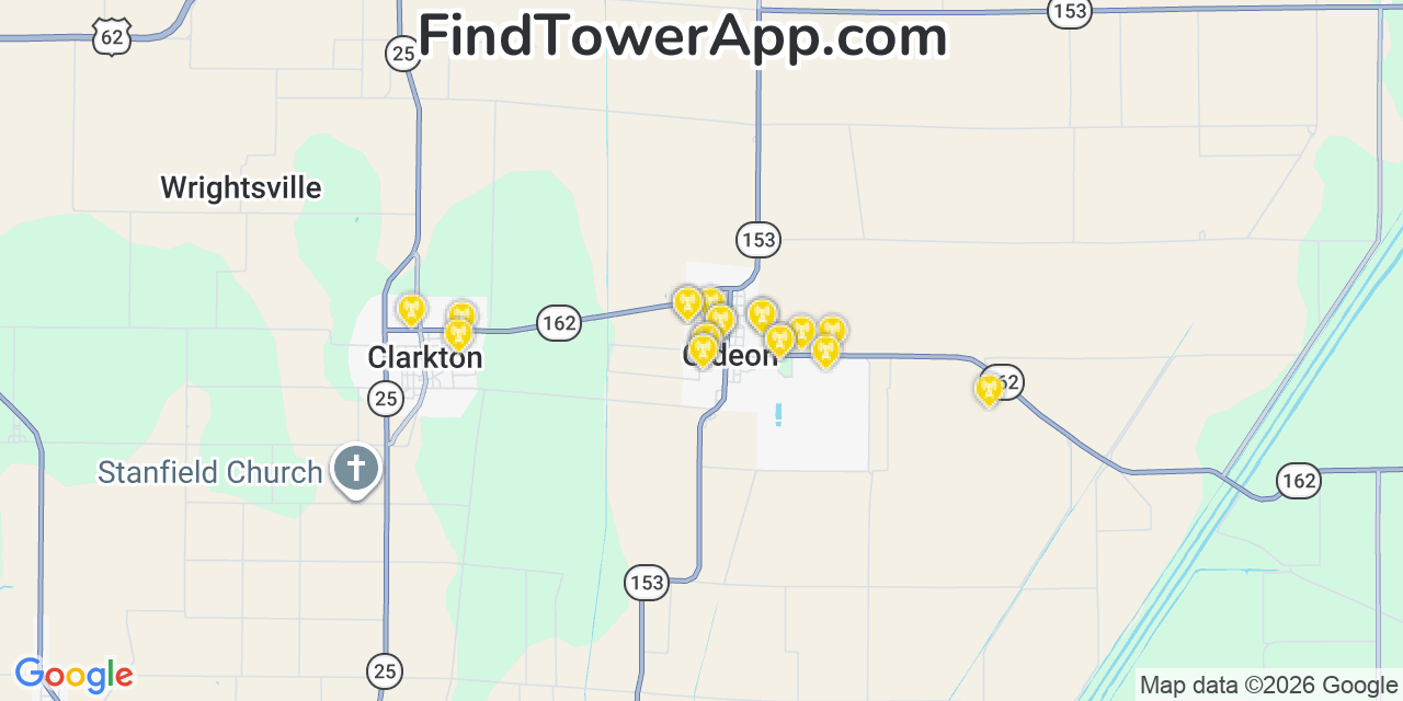 Map showing the 20 primary cell tower locations detected in Gideon, Missouri from AT&T, Verizon, and T-Mobile networks