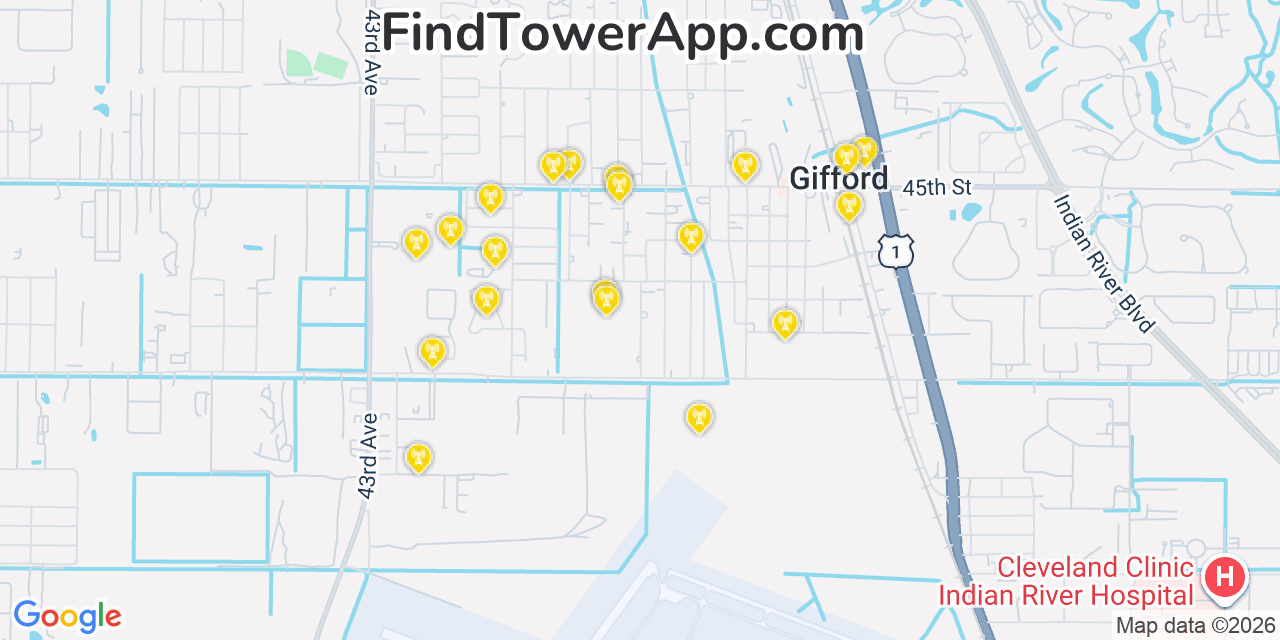 Map showing the 20 primary cell tower locations detected in Gifford, Florida from AT&T, Verizon, and T-Mobile networks