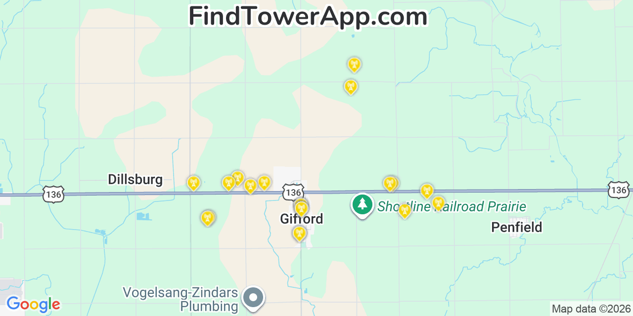 Map showing the 20 primary cell tower locations detected in Gifford, Illinois from AT&T, Verizon, and T-Mobile networks