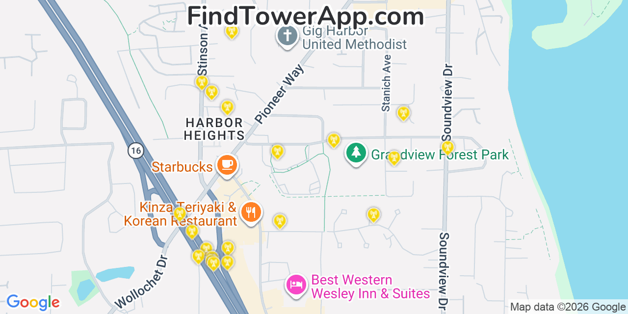 Map showing the 20 primary cell tower locations detected in Gig Harbor, Washington from AT&T, Verizon, and T-Mobile networks