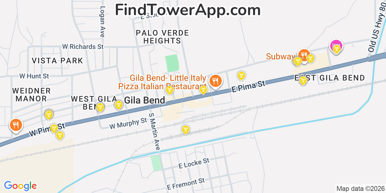 Map showing the 20 primary cell tower locations detected in Gila Bend, Arizona from AT&T, Verizon, and T-Mobile networks