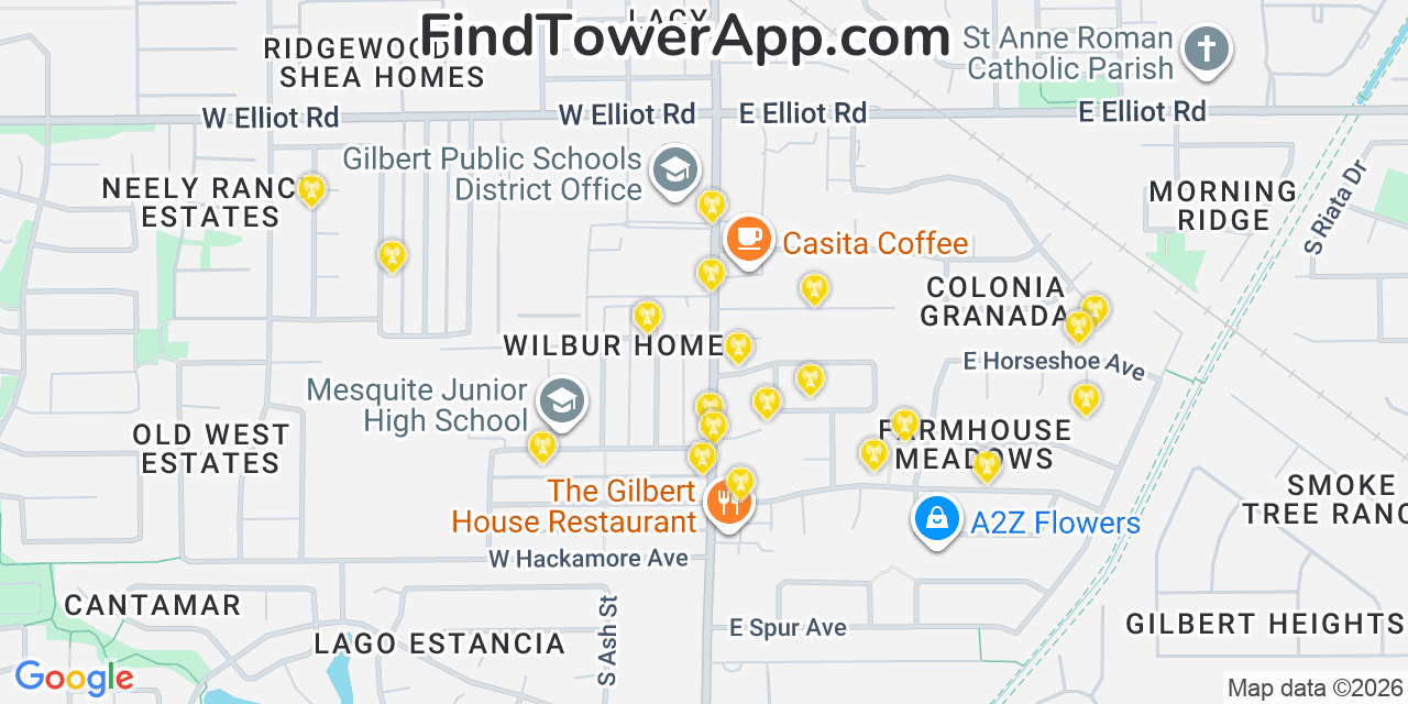 Map showing the 20 primary cell tower locations detected in Gilbert, Arizona from AT&T, Verizon, and T-Mobile networks