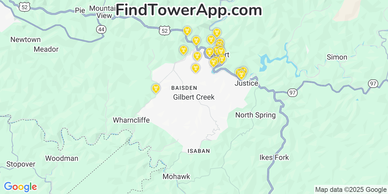 Map showing the 20 primary cell tower locations detected in Gilbert Creek, West Virginia from AT&T, Verizon, and T-Mobile networks