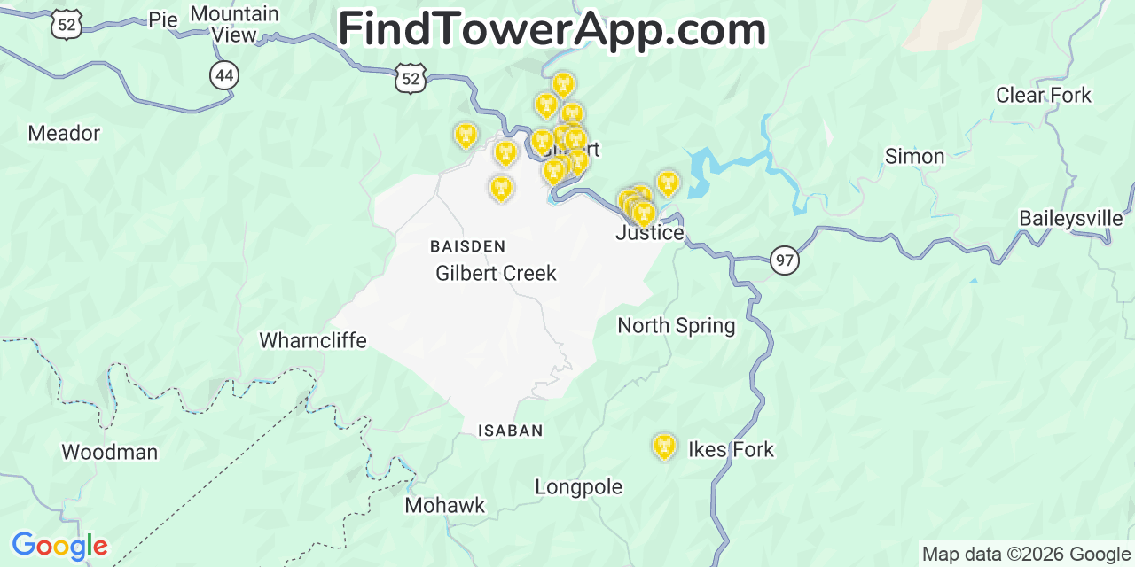 Map showing the 20 primary cell tower locations detected in Gilbert Creek, West Virginia from AT&T, Verizon, and T-Mobile networks
