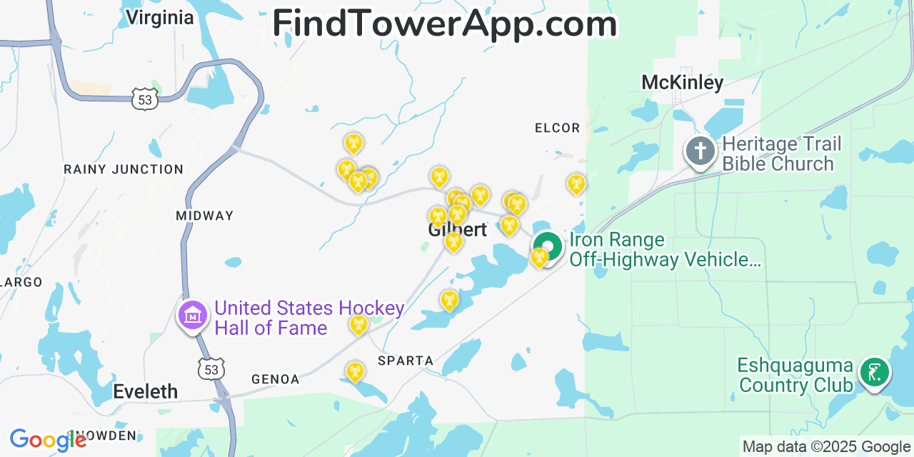 Map showing the 20 primary cell tower locations detected in Gilbert, Minnesota from AT&T, Verizon, and T-Mobile networks