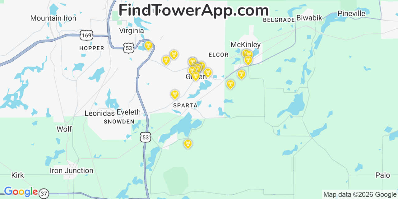 Map showing the 20 primary cell tower locations detected in Gilbert, Minnesota from AT&T, Verizon, and T-Mobile networks