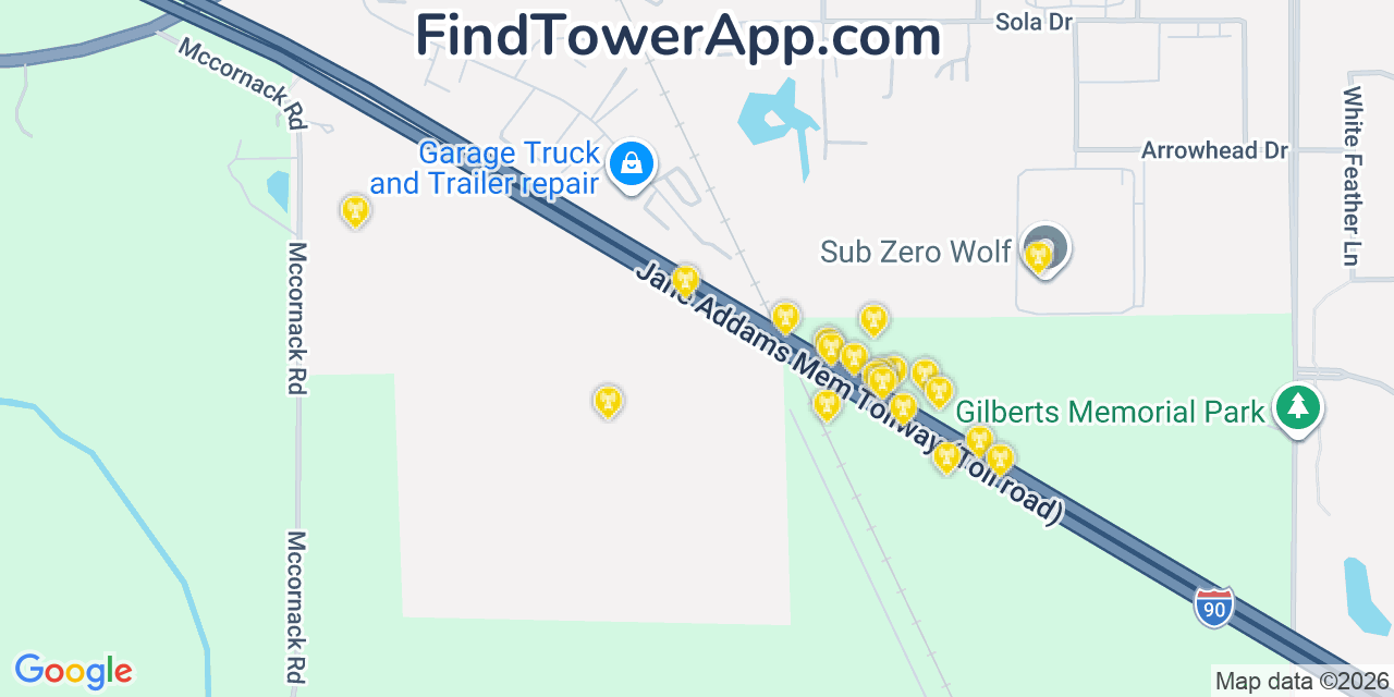 Map showing the 20 primary cell tower locations detected in Gilberts, Illinois from AT&T, Verizon, and T-Mobile networks