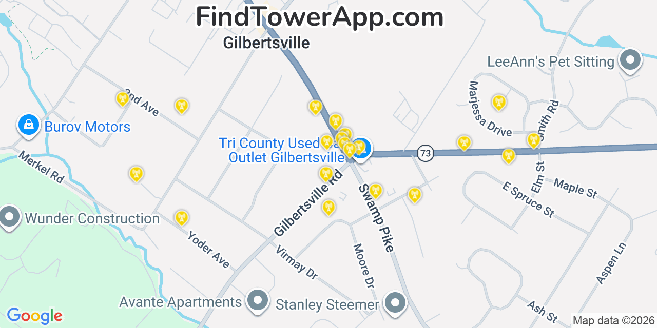 Map showing the 20 primary cell tower locations detected in Gilbertsville, Pennsylvania from AT&T, Verizon, and T-Mobile networks