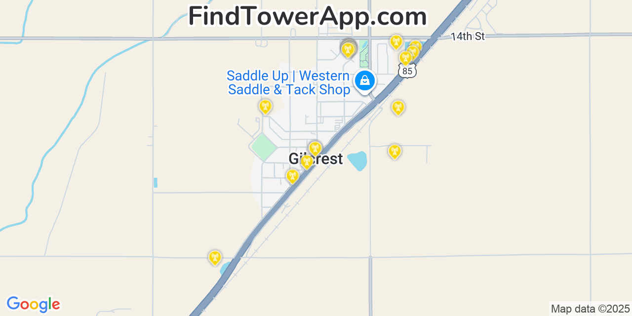 Map showing the 20 primary cell tower locations detected in Gilcrest, Colorado from AT&T, Verizon, and T-Mobile networks