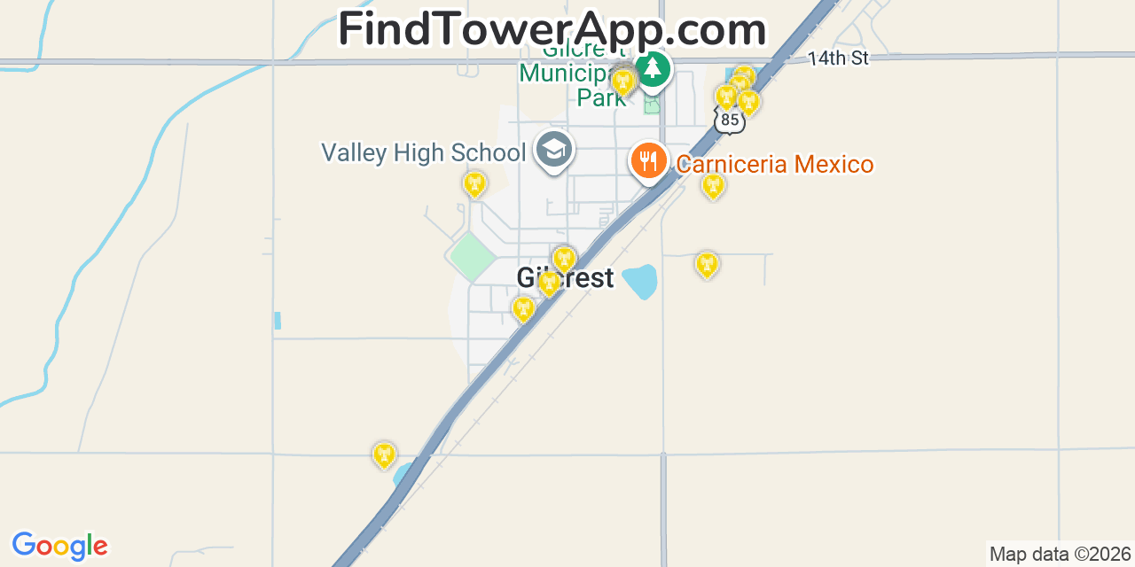 Map showing the 20 primary cell tower locations detected in Gilcrest, Colorado from AT&T, Verizon, and T-Mobile networks