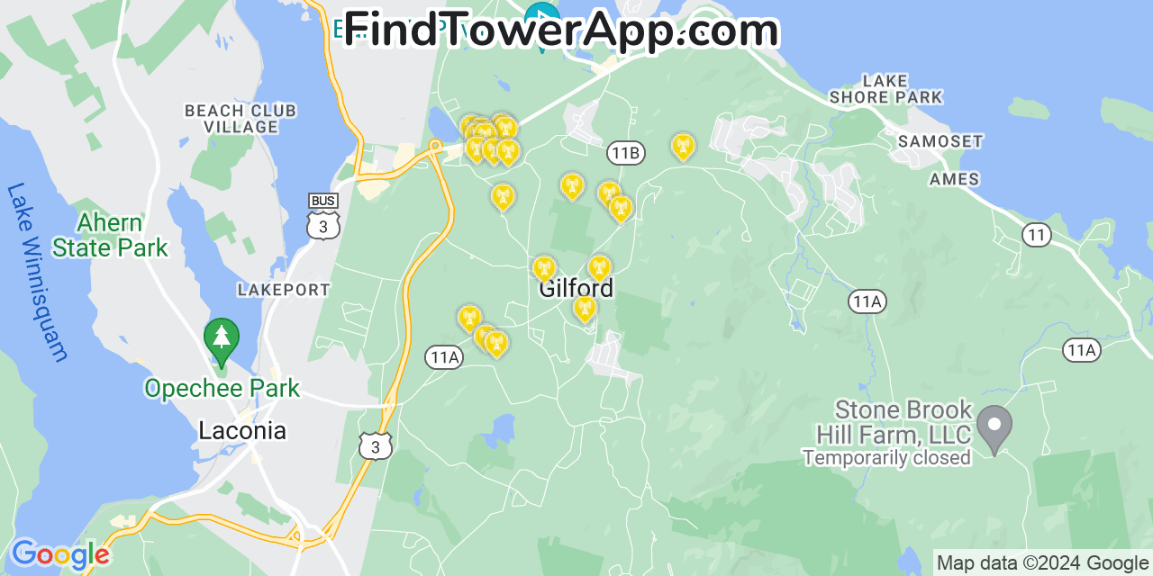 AT&T 4G/5G cell tower coverage map Gilford, New Hampshire