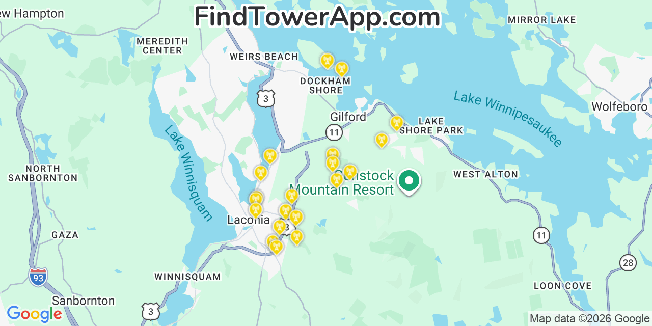 Map showing the 20 primary cell tower locations detected in Gilford, New Hampshire from AT&T, Verizon, and T-Mobile networks