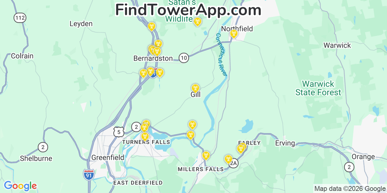 Map showing the 20 primary cell tower locations detected in Gill, Massachusetts from AT&T, Verizon, and T-Mobile networks