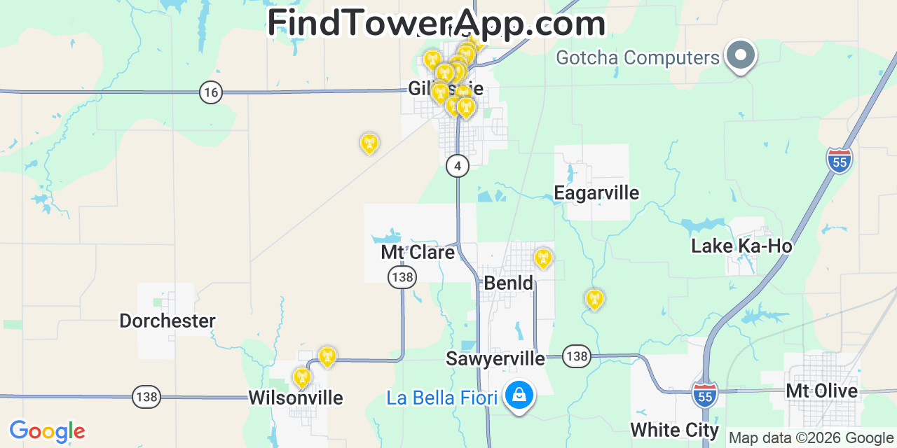Map showing the 20 primary cell tower locations detected in Gillespie, Illinois from AT&T, Verizon, and T-Mobile networks