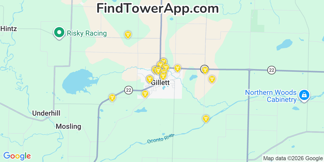 Map showing the 20 primary cell tower locations detected in Gillett, Wisconsin from AT&T, Verizon, and T-Mobile networks