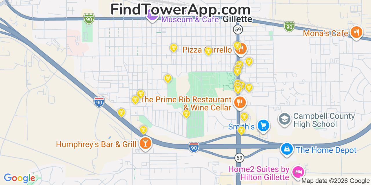 Map showing the 20 primary cell tower locations detected in Gillette, Wyoming from AT&T, Verizon, and T-Mobile networks