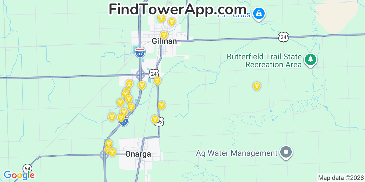 Map showing the 20 primary cell tower locations detected in Gilman, Illinois from AT&T, Verizon, and T-Mobile networks