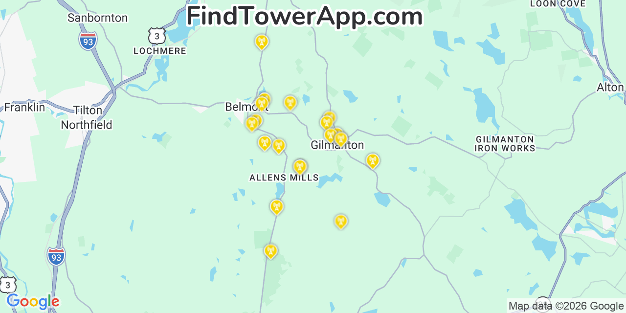 Map showing the 20 primary cell tower locations detected in Gilmanton, New Hampshire from AT&T, Verizon, and T-Mobile networks