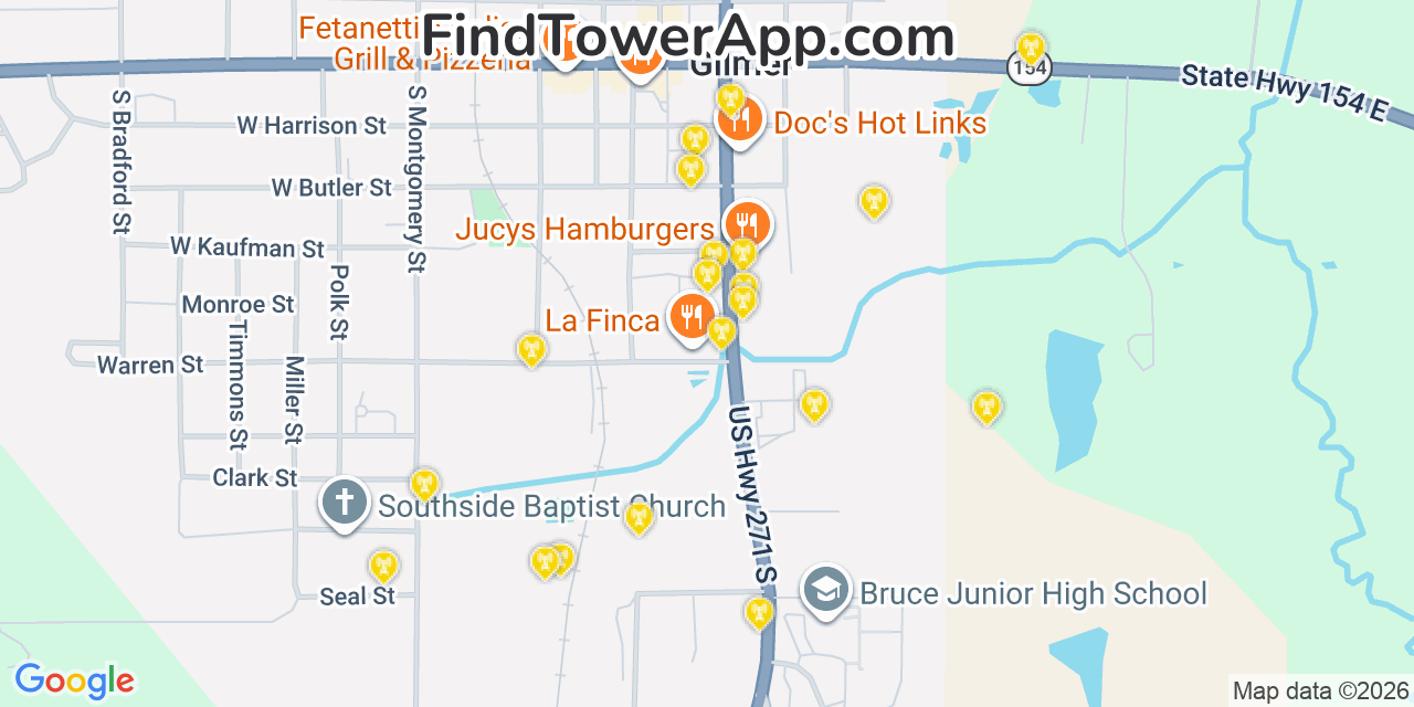 Map showing the 20 primary cell tower locations detected in Gilmer, Texas from AT&T, Verizon, and T-Mobile networks