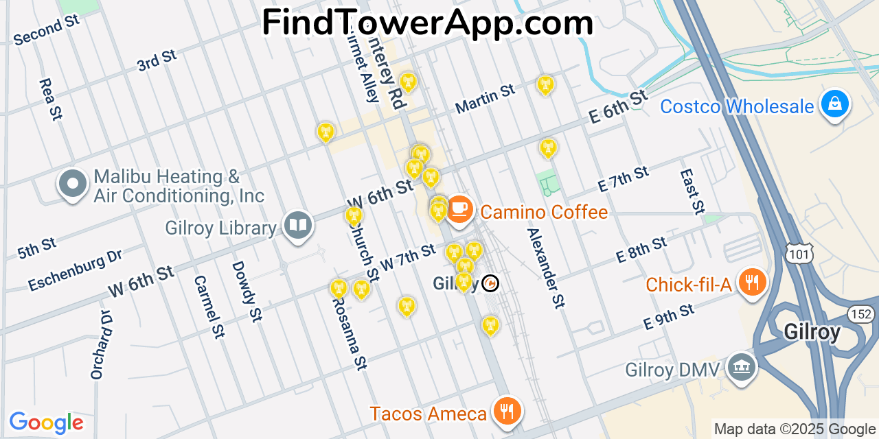 Map showing the 20 primary cell tower locations detected in Gilroy, California from AT&T, Verizon, and T-Mobile networks