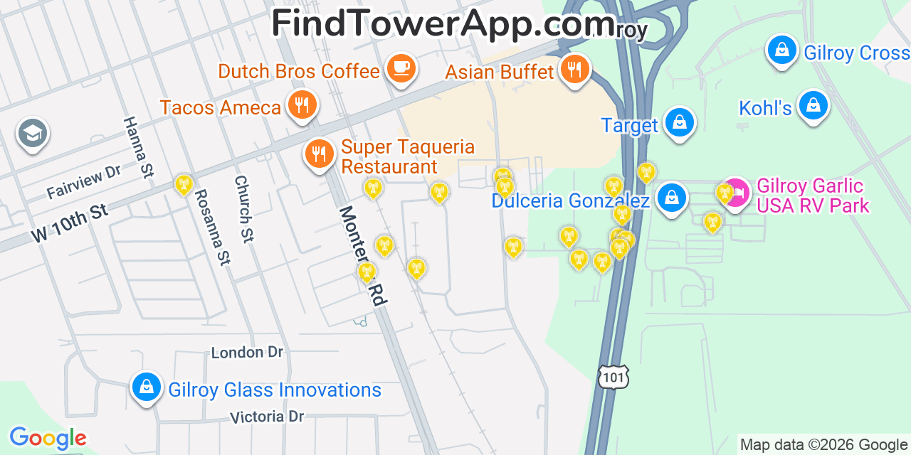 Map showing the 20 primary cell tower locations detected in Gilroy, California from AT&T, Verizon, and T-Mobile networks
