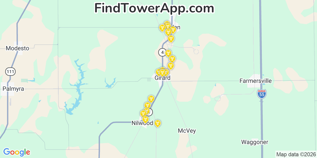 Map showing the 20 primary cell tower locations detected in Girard, Illinois from AT&T, Verizon, and T-Mobile networks