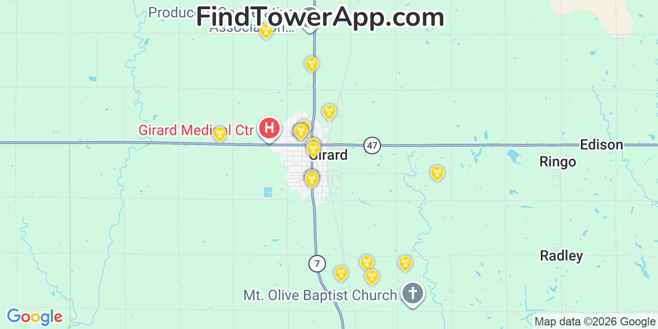 Map showing the 20 primary cell tower locations detected in Girard, Kansas from AT&T, Verizon, and T-Mobile networks