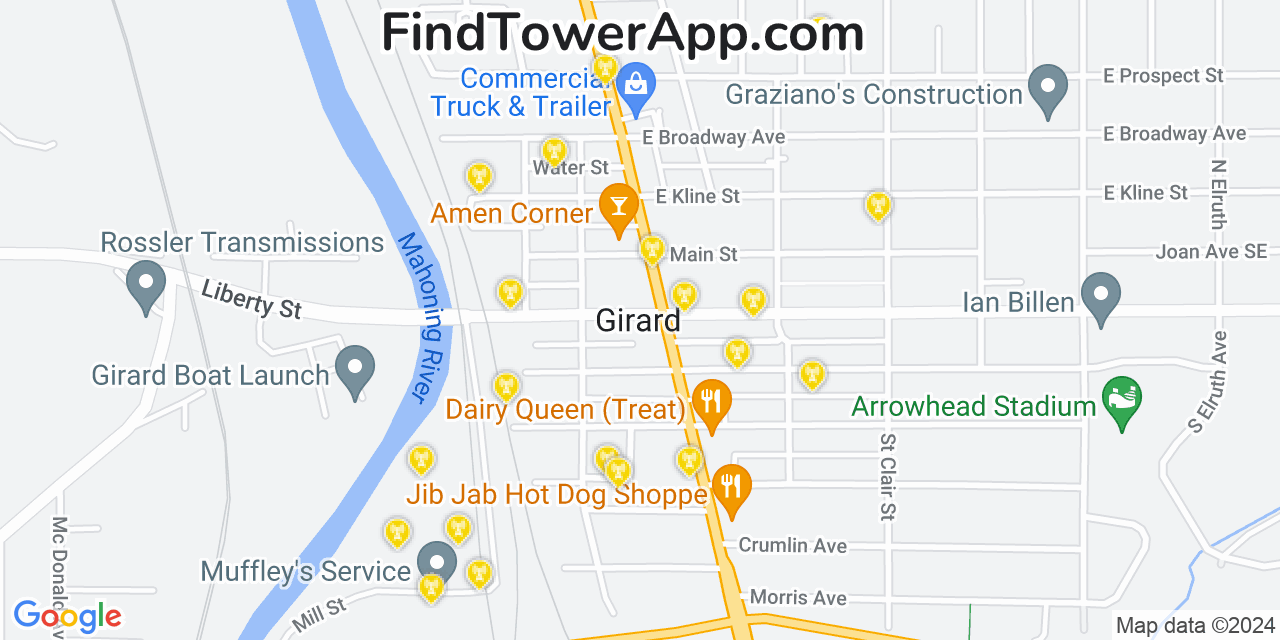 AT&T 4G/5G cell tower coverage map Girard, Ohio