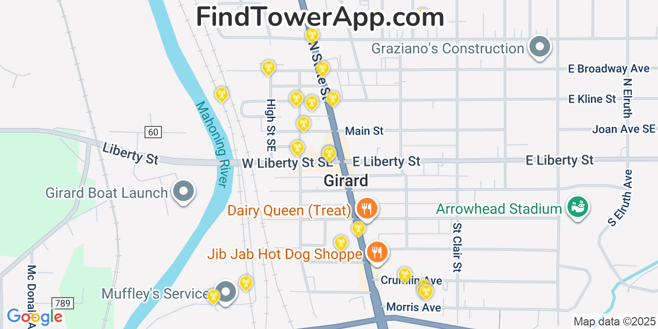 Map showing the 20 primary cell tower locations detected in Girard, Ohio from AT&T, Verizon, and T-Mobile networks