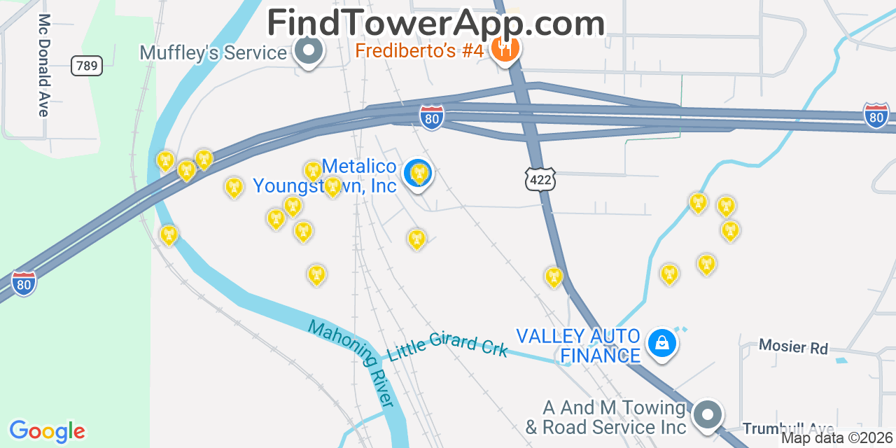 Map showing the 20 primary cell tower locations detected in Girard, Ohio from AT&T, Verizon, and T-Mobile networks