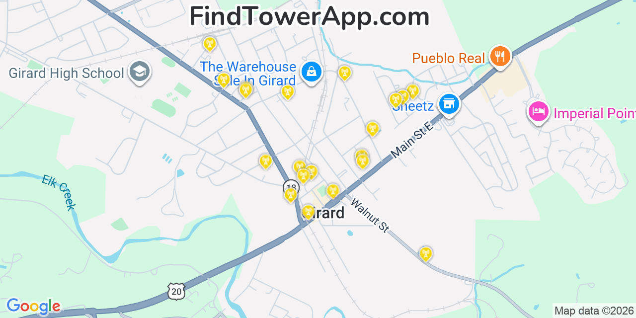 Map showing the 20 primary cell tower locations detected in Girard, Pennsylvania from AT&T, Verizon, and T-Mobile networks