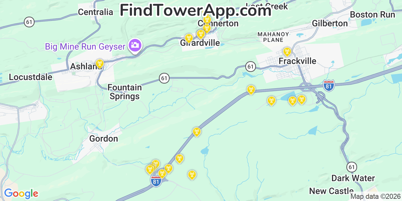 Map showing the 20 primary cell tower locations detected in Girardville, Pennsylvania from AT&T, Verizon, and T-Mobile networks